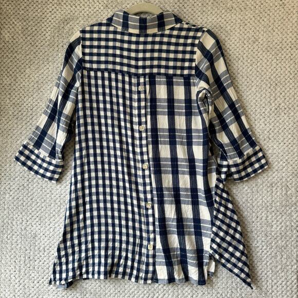 Soft Surroundings Top XS Blue White Plaid Huntleigh Button Down 3/4 Sleeves - Picture 7 of 11